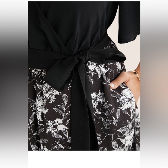 BloomChic Plus Size Floral Patchwork Pocket Belt Surplice Neck Ruffle Hem Dress - Picture 5 of 9